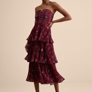 Lulus Hadelyn Wine Red Floral Pleated Tiered Midi Dress - Size XL